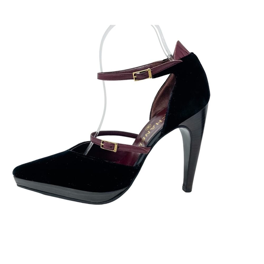 Chanel Vintage Black Velvet d’Orsay Pumps Burgundy Strap Platform Heels 38